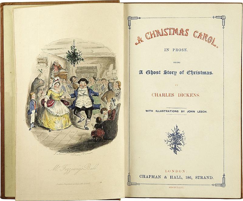 Titelblatt der Erstausgabe von "A Christmas Carol", kolorierte Illustration von John Leech